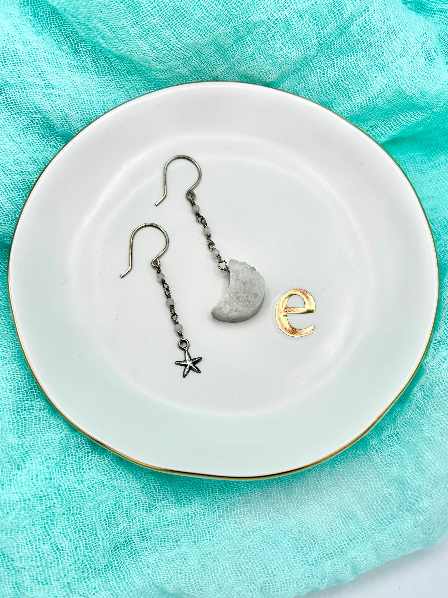 Asymmetrical Moon and Star Druzy Earrings