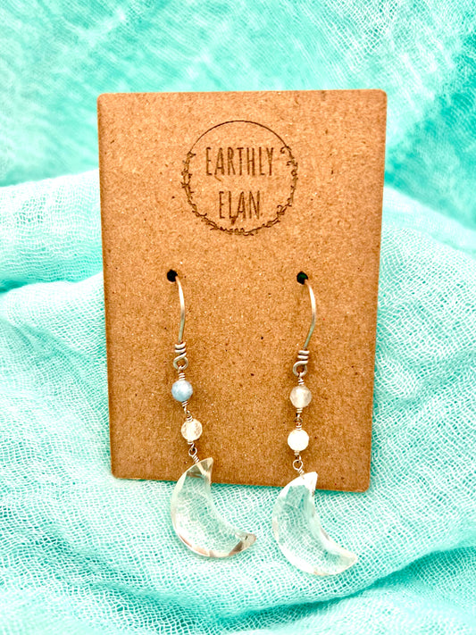 Clear Quartz Aquamarine Moon Earrings