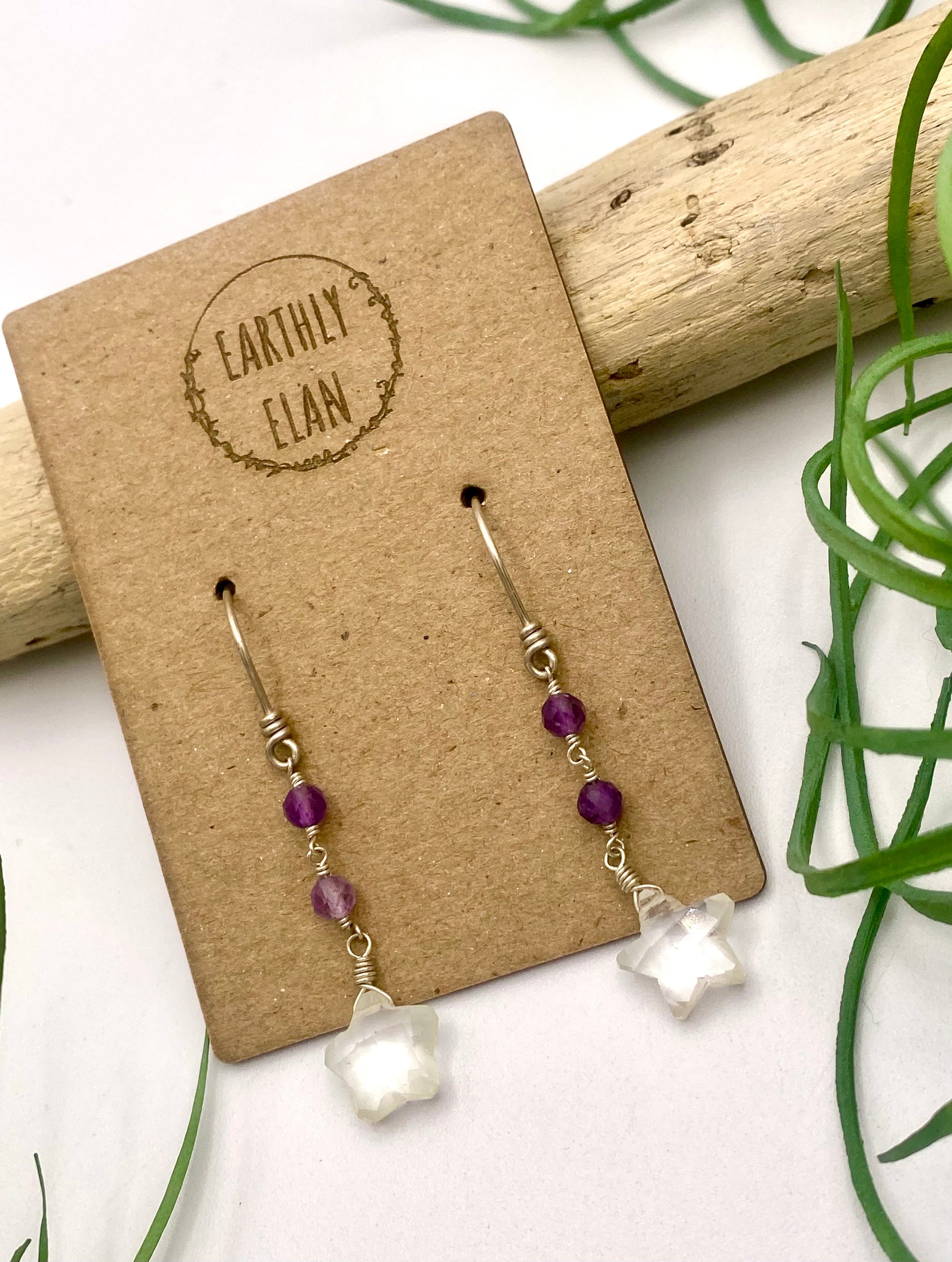 Clear Quartz Gemstone Star Earrings with Purple Amethyst Beads