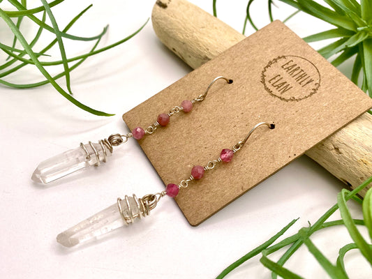 Pink Tourmaline and Quartz Drop Earrings