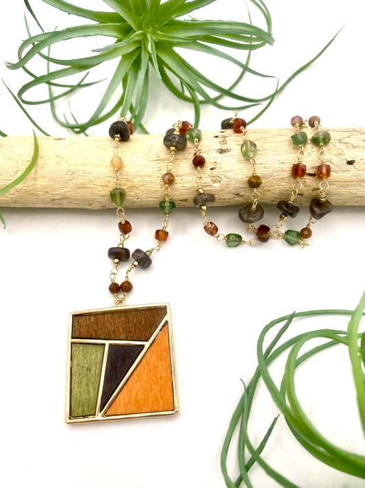 Wood Mosaic Pendant Necklace - Earthly Elan