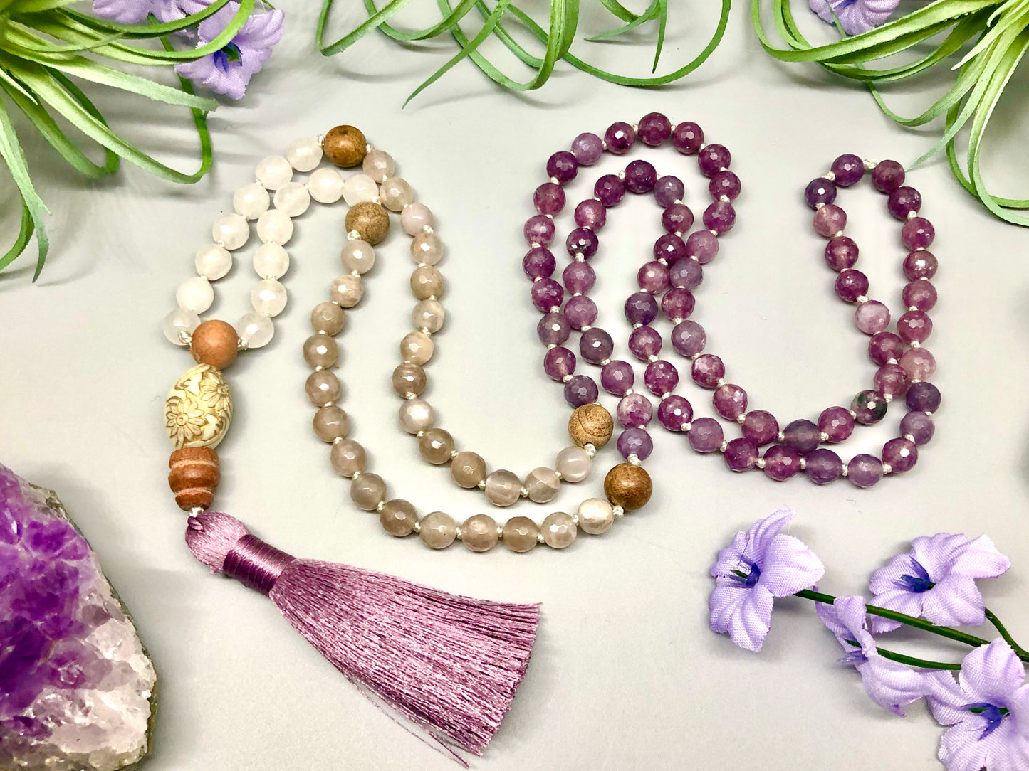 Lepidolite, Moonstone, and White Jade Mala - Earthly Elan
