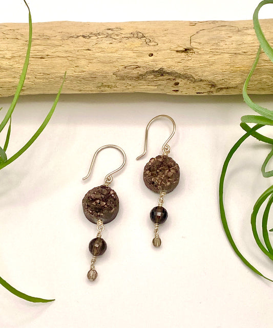 Brown Druzy & Smoky Quartz Earrings - Earthly Elan