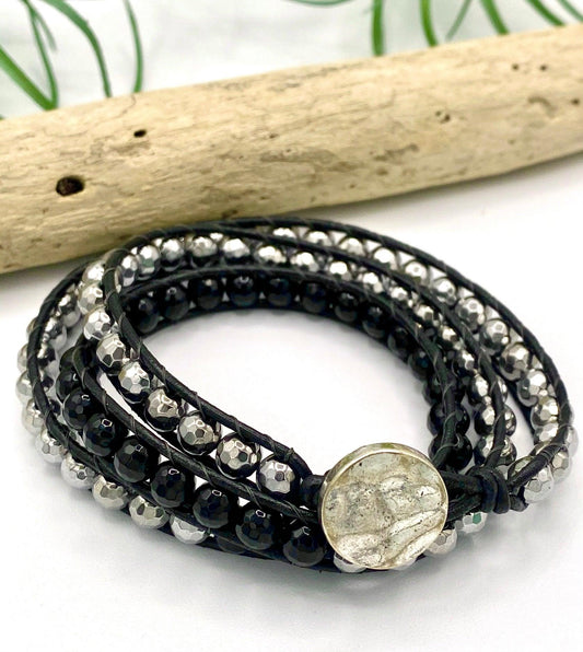 Hematite & Onyx Wrap Bracelet - Earthly Elan