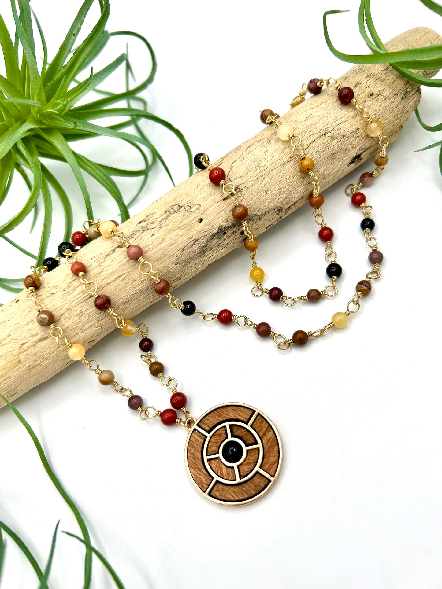 Wood Circle Mosaic Pendant Necklace - Earthly Elan