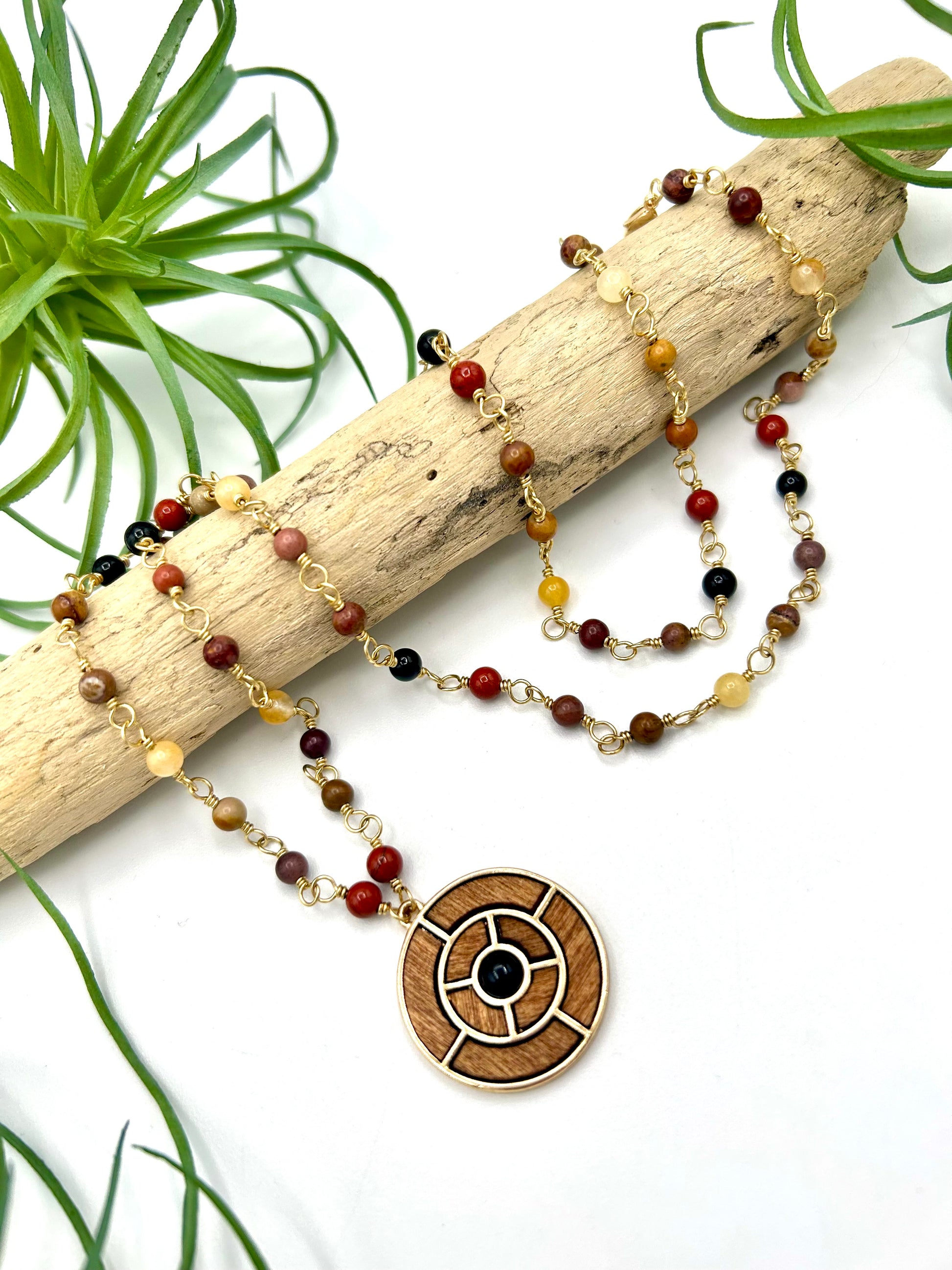 Wood Circle Mosaic Pendant Necklace - Earthly Elan