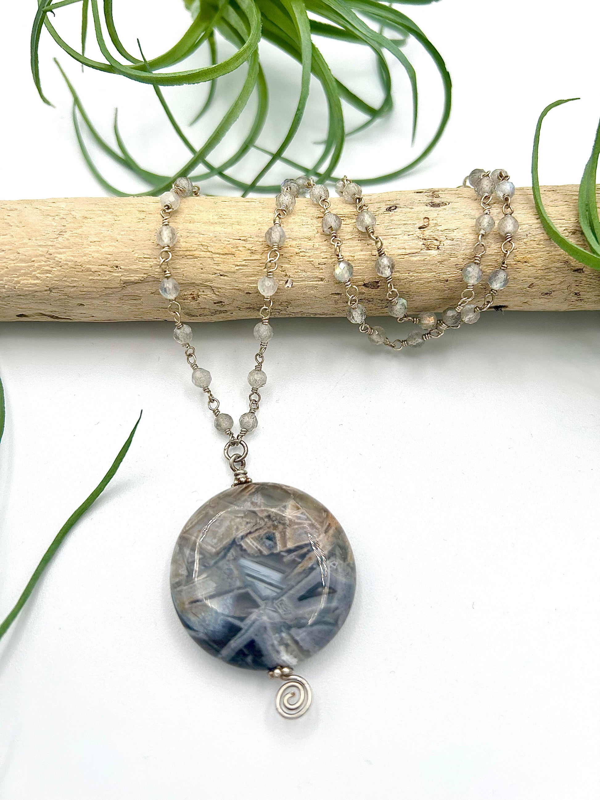 Silver Leaf Jasper and Labradorite Pendant Necklace - Earthly Elan