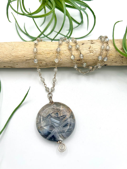 Silver Leaf Jasper and Labradorite Pendant Necklace - Earthly Elan