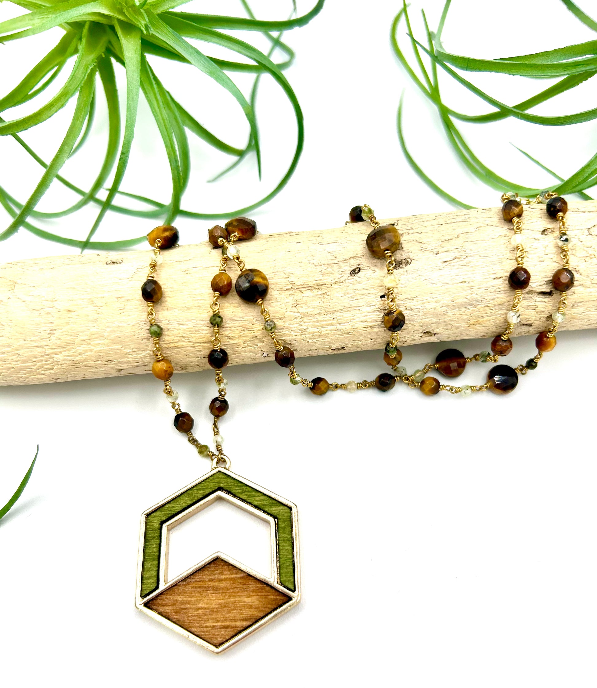 Tiger’s Eye Wood Mosaic Pendant Necklace - Earthly Elan