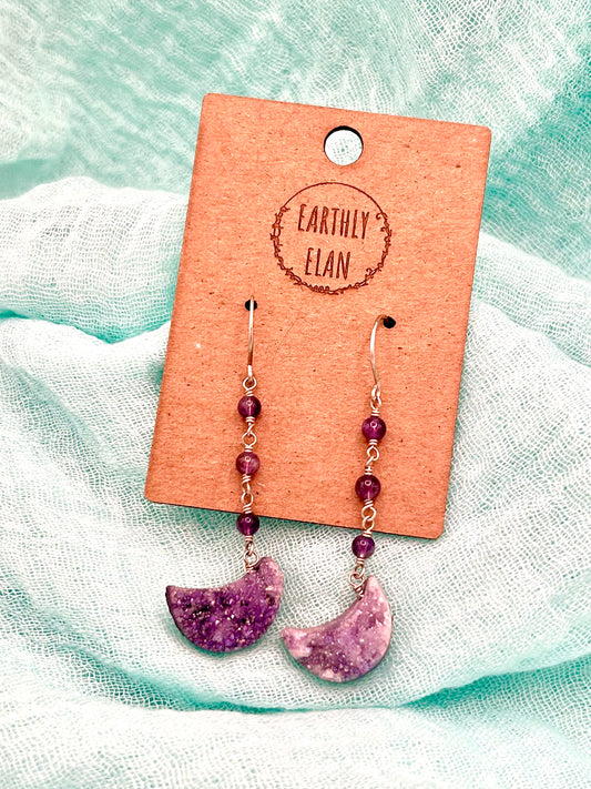 Amethyst Druzy Moon Earrings