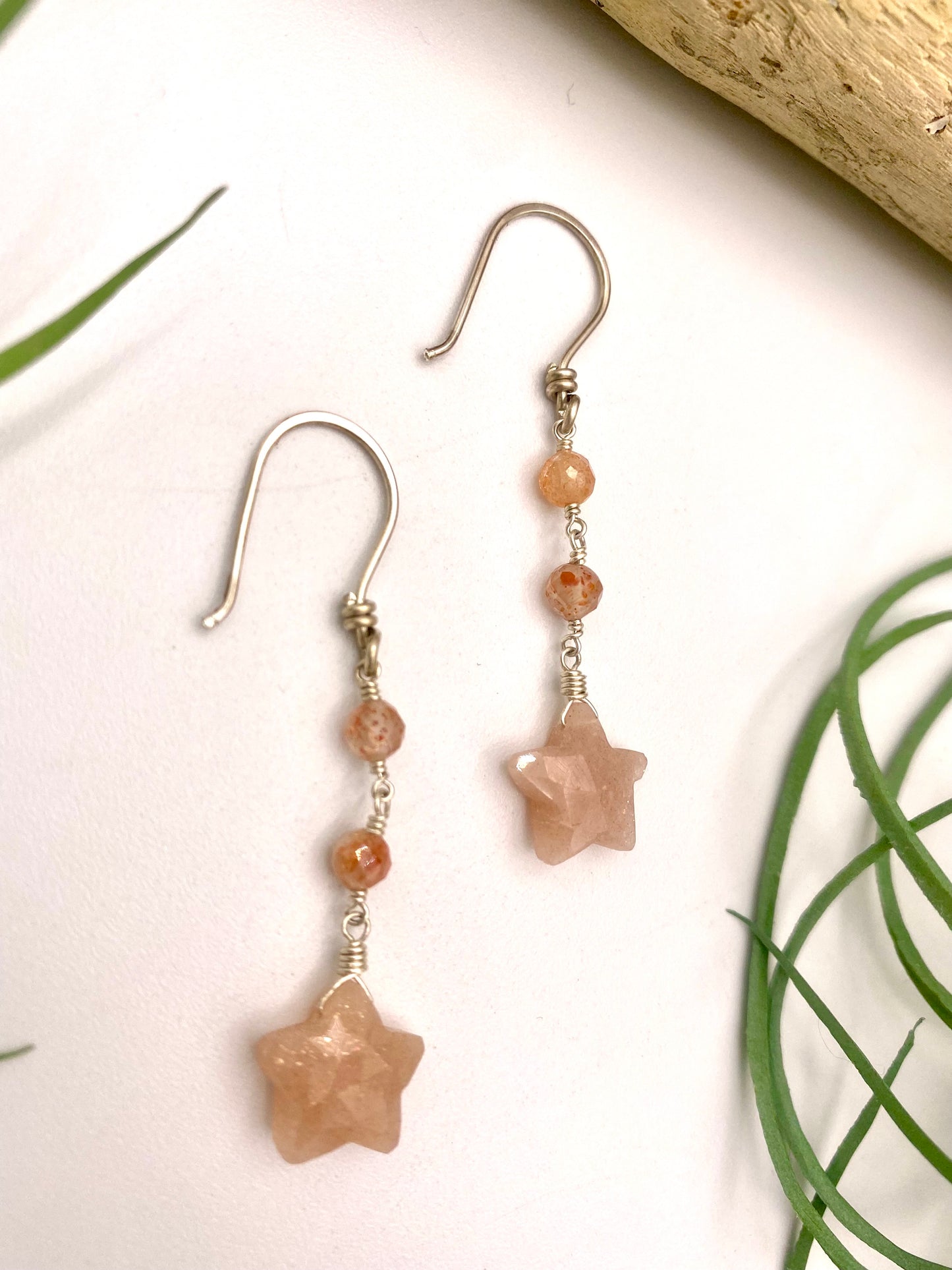 Peach Moonstone Star Earrings with Beads