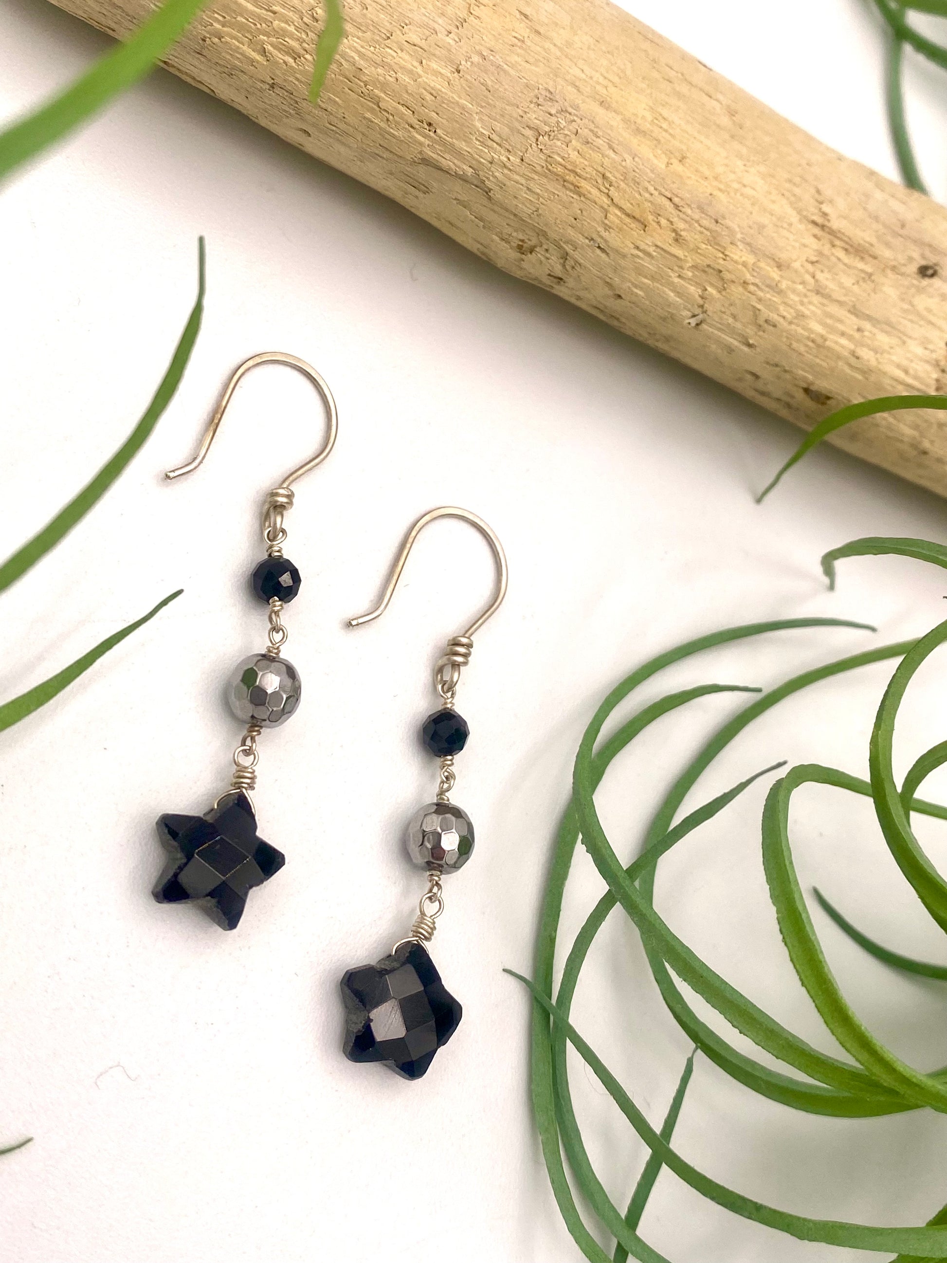 Black Onyx Gemstone Star Earrings with Silver Hematite and Black Beads
