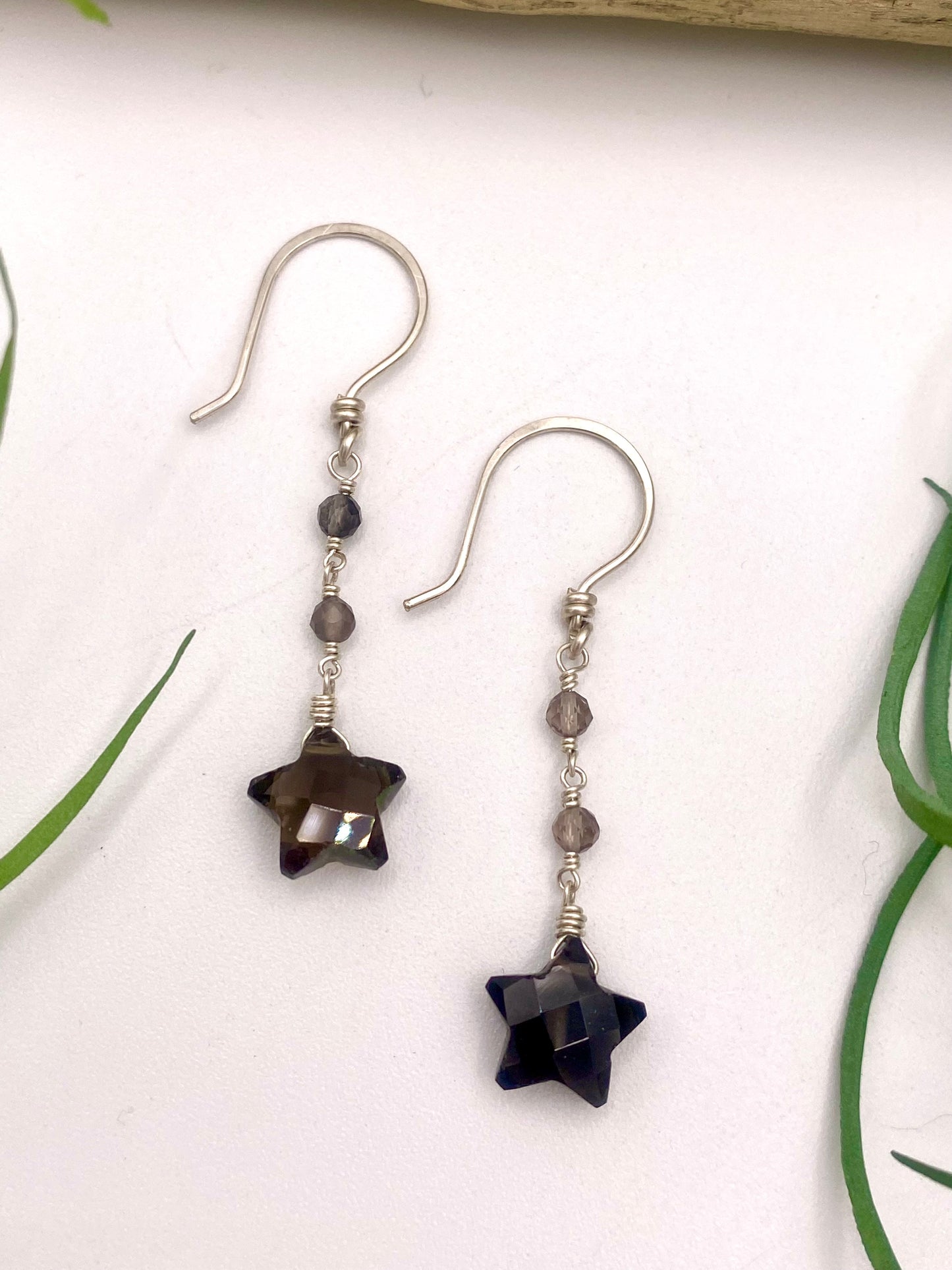 Gray Smoky Quartz Gemstone Star Earrings with Beads