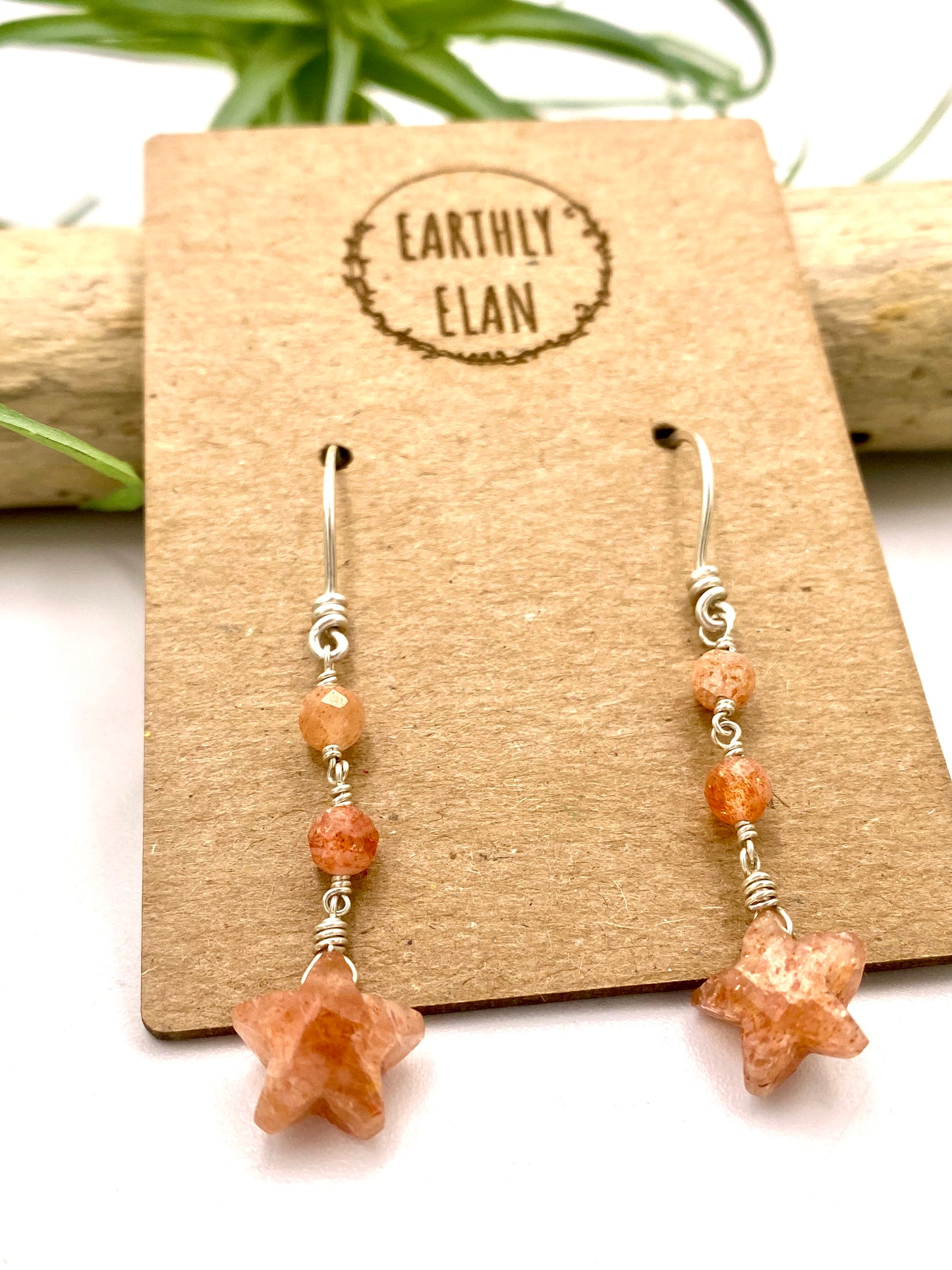 Orange Sunstone Gemstone Star Earrings with Beads