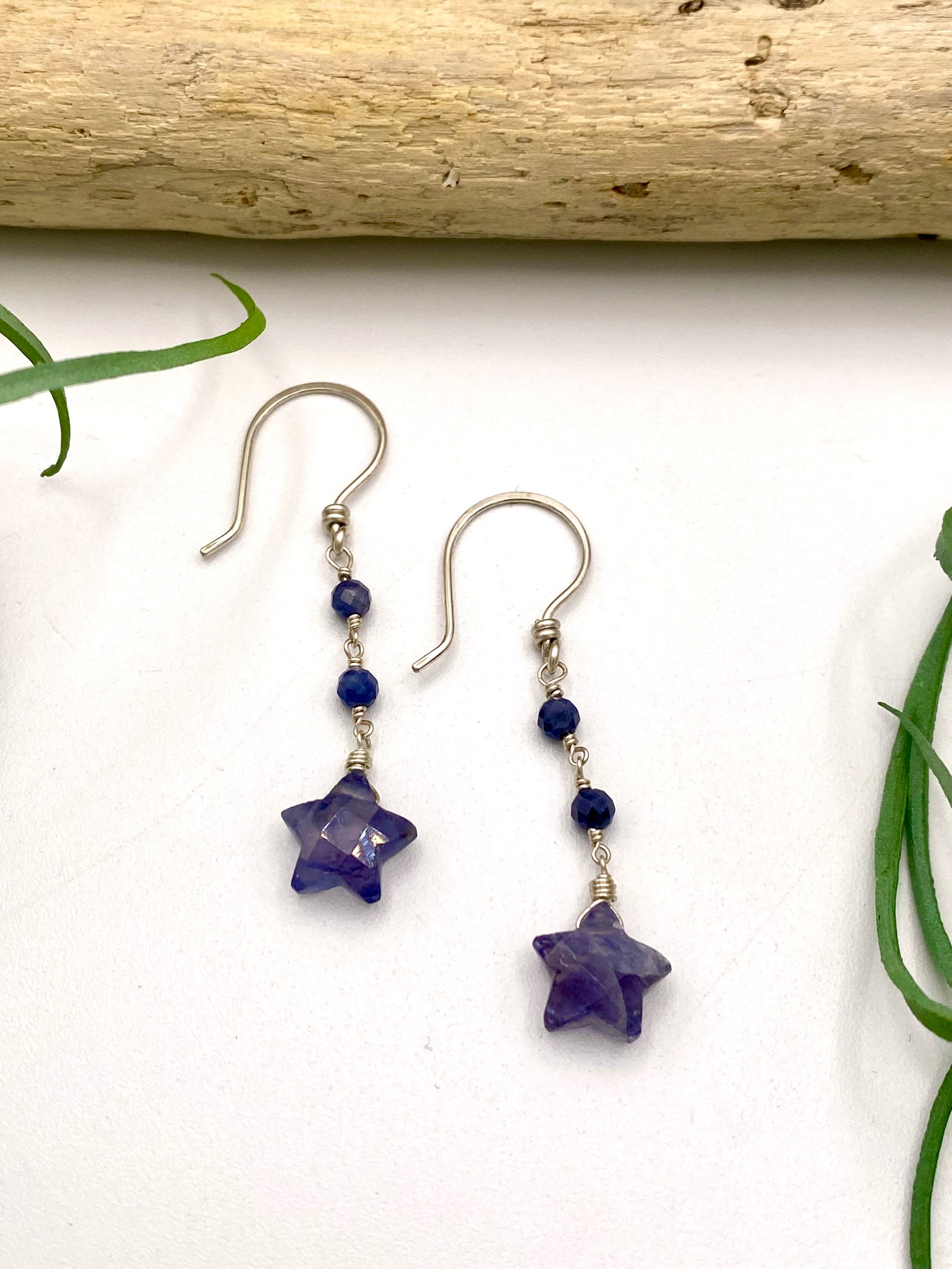 Dark Blue Iolite Gemstone Star Earrings with Beads