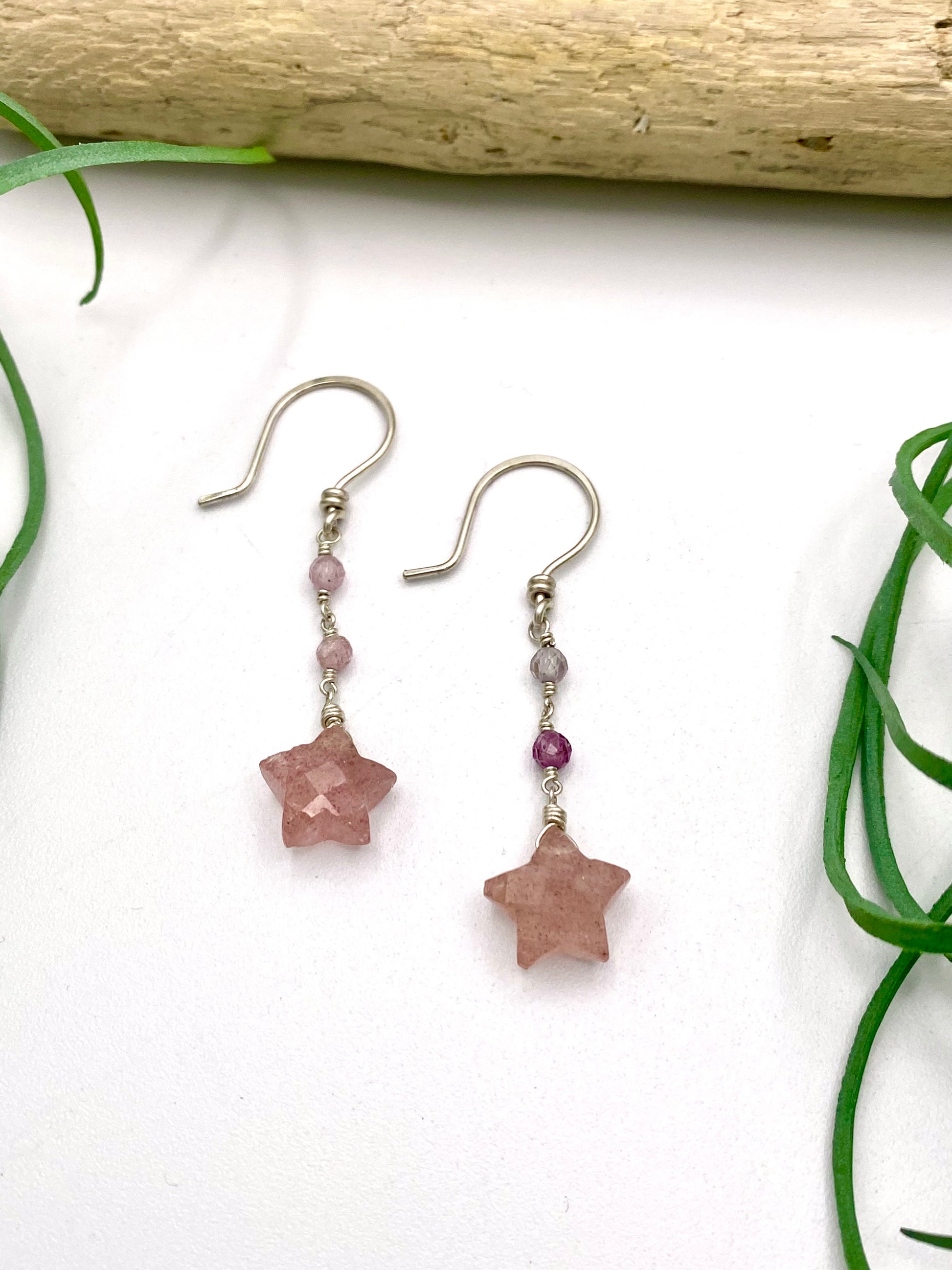 Pink Strawberry Quartz Gemstone Star Earrings with Beads