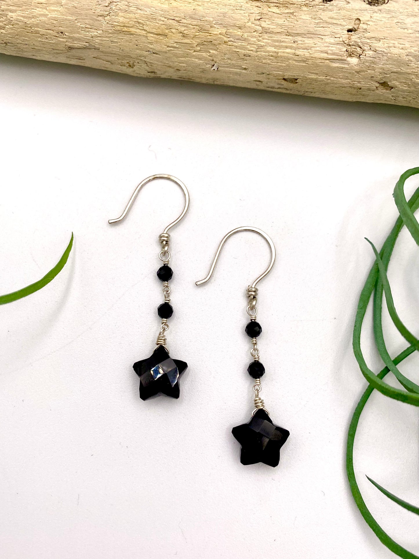 Black Onyx Gemstone Star Earrings with Beads