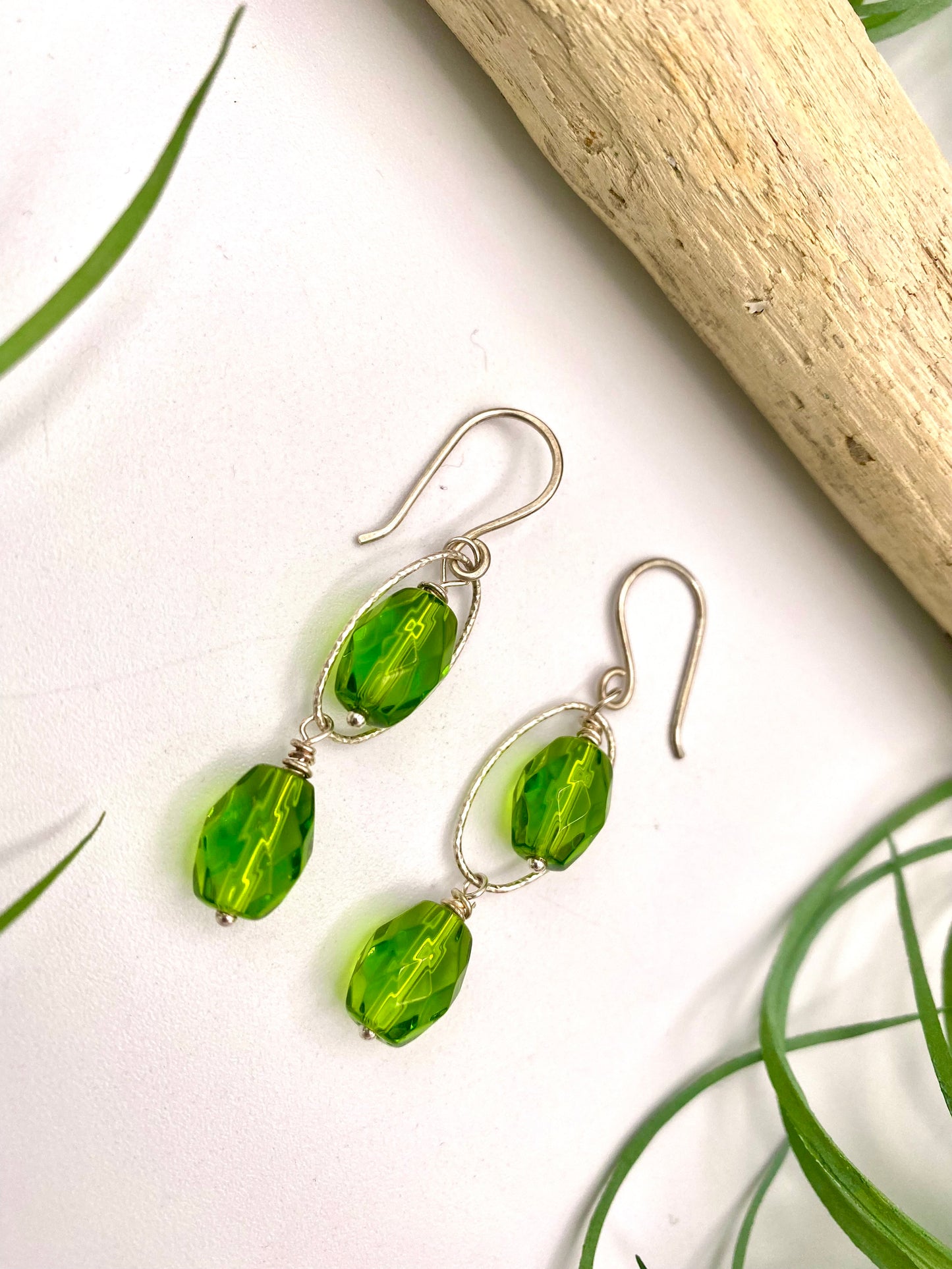 Green Faceted Glass on Sterling Silver Ovals