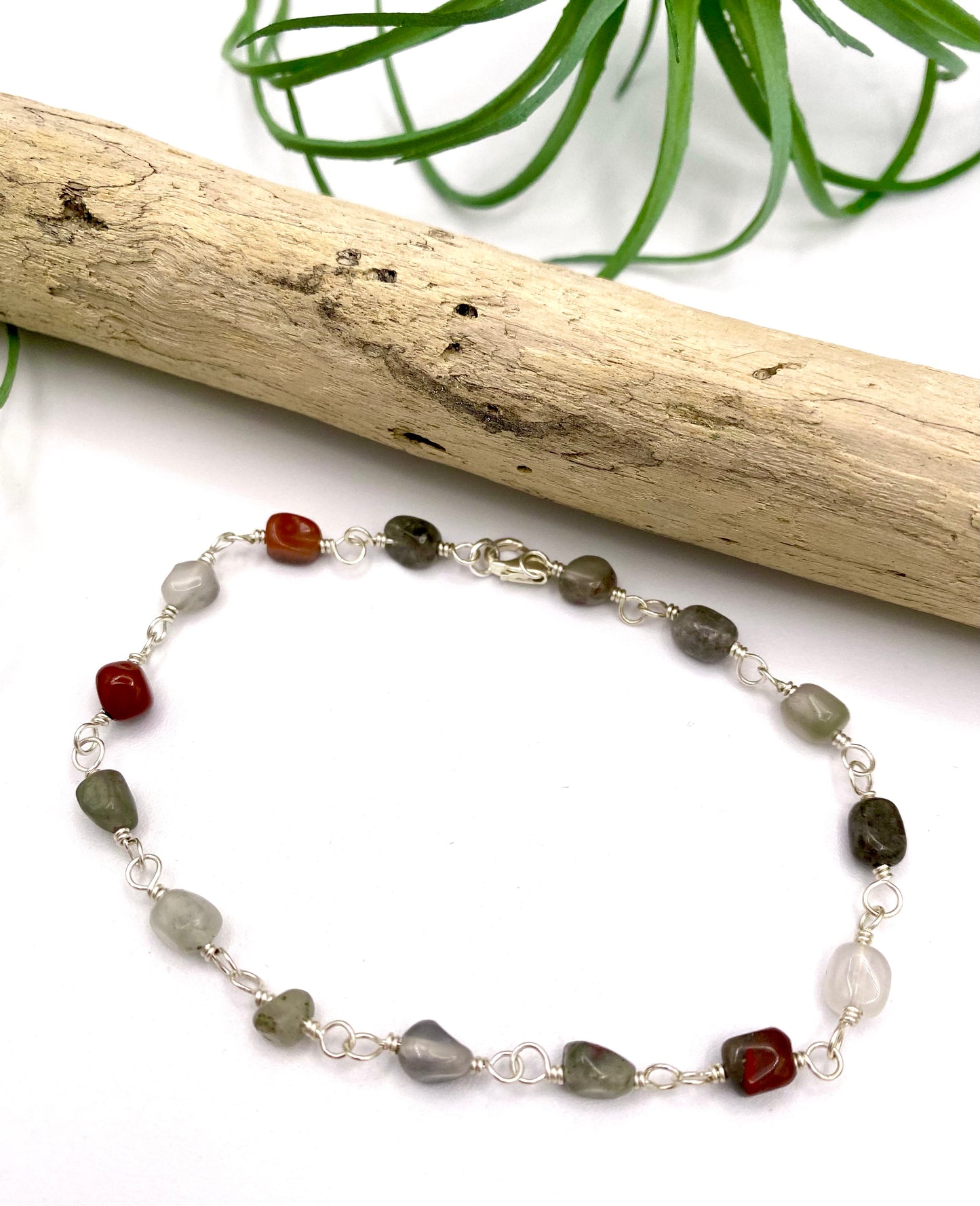 African bloodstone pebble beads on sterling silver bead chain bracelet
