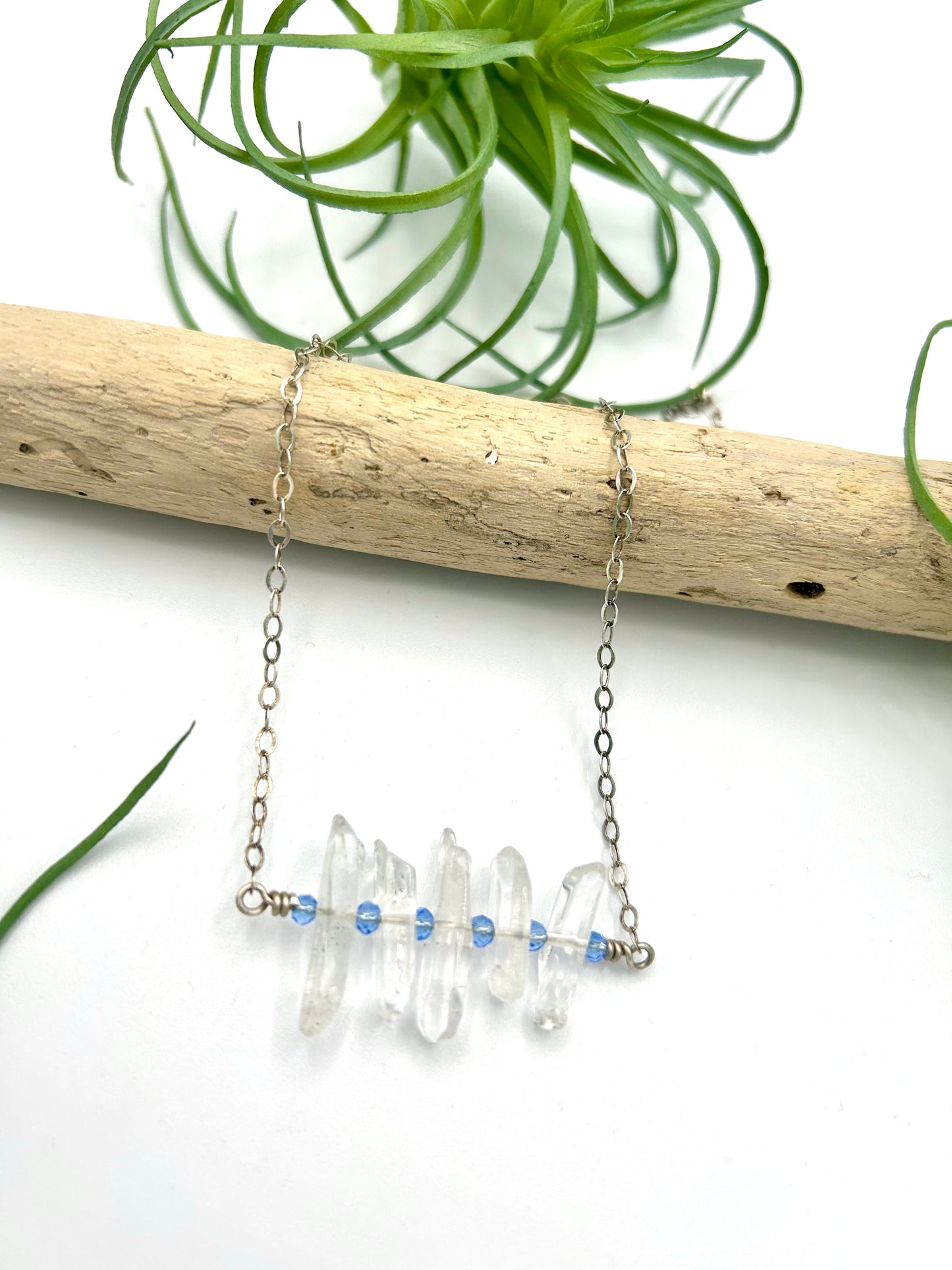 Quartz and Blue Crystal Bar Necklace