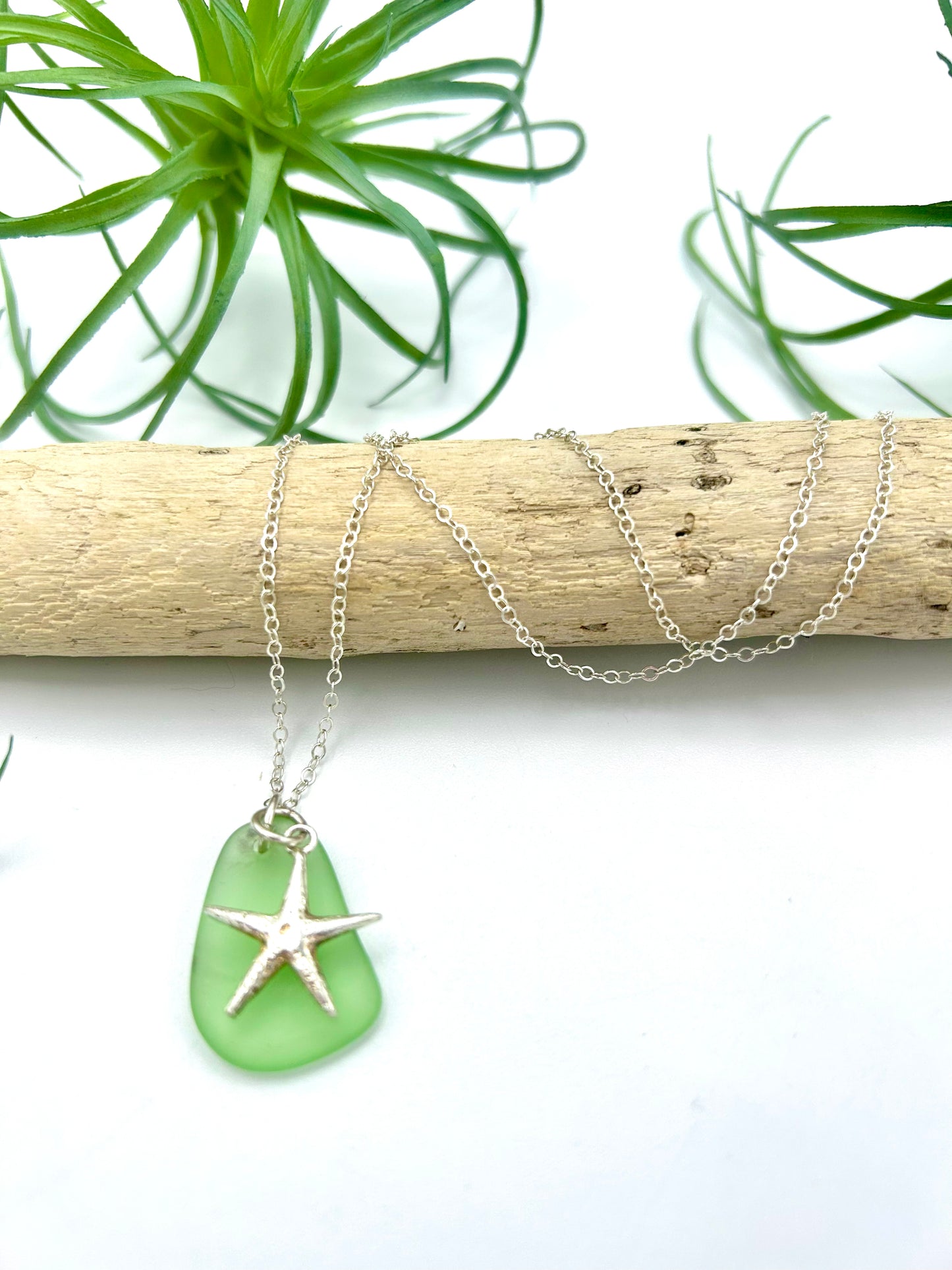 Green Sea Glass and Sea Star Necklace