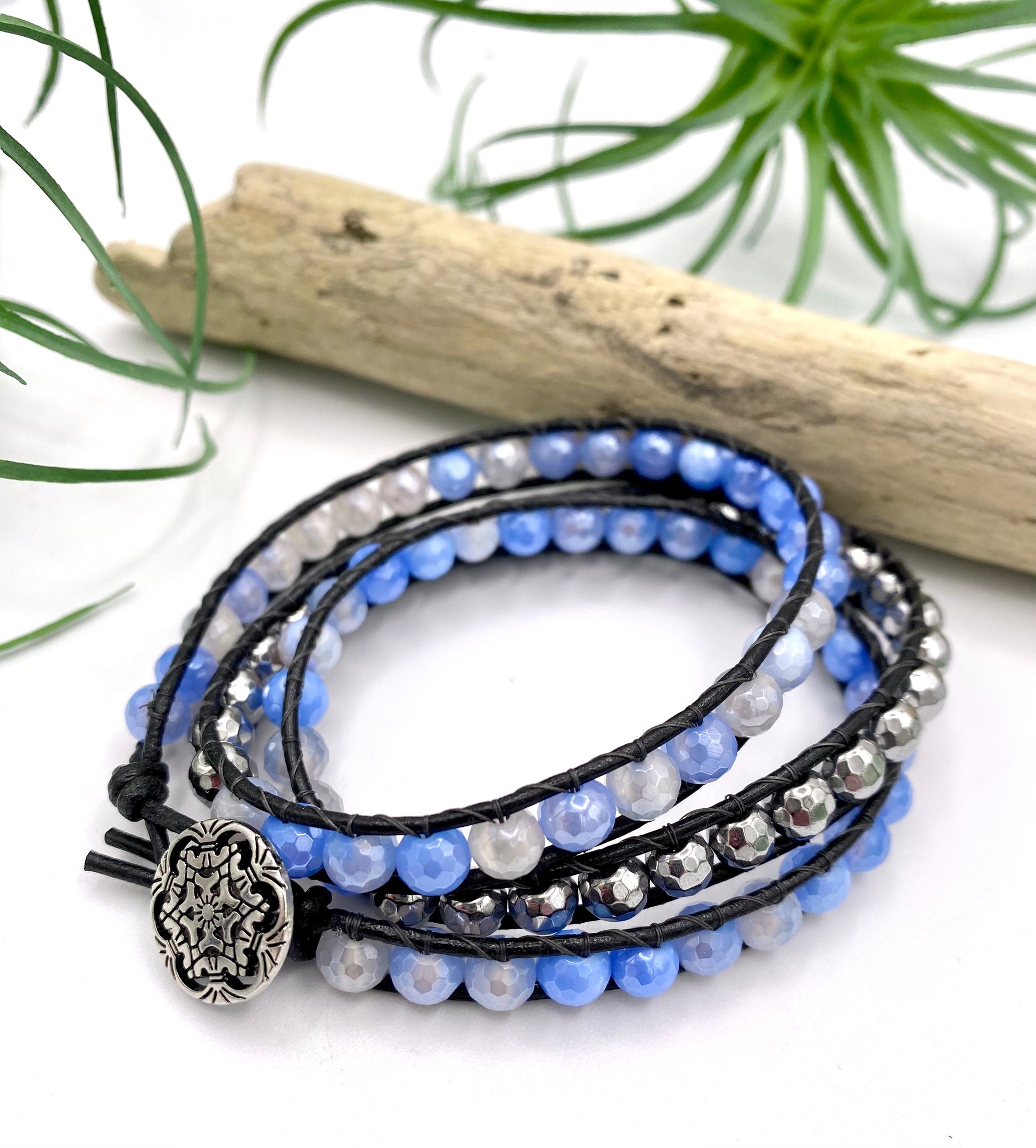 Blue Agate & Hematite Wrap Bracelet - Earthly Elan